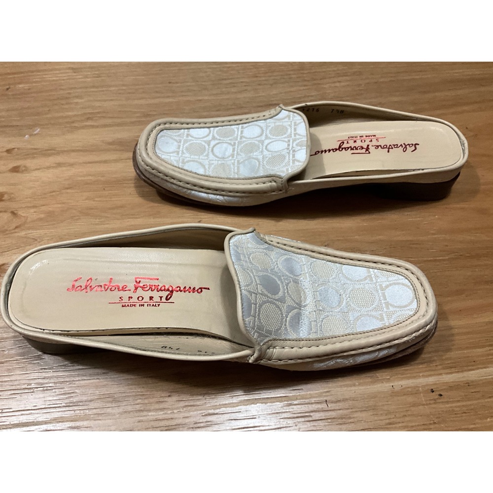 Salvatore Ferragamo Sport Gancini Monogram Mules Cream White SN 1216 7.5B